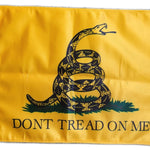 Gadsden Dont Tread on Me Flag, 10 x 14, double-sided polyester with a coiled rattlesnake and text, brass grommets for hanging.