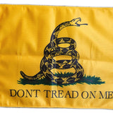 Gadsden Dont Tread on Me Flag, 10 x 14, double-sided polyester with a coiled rattlesnake and text, brass grommets for hanging.