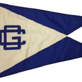 Custom SEWN Applique BURGEE featuring a blue and white triangle flag with strong header and brass grommets, showcasing intricate hand-sewn details.