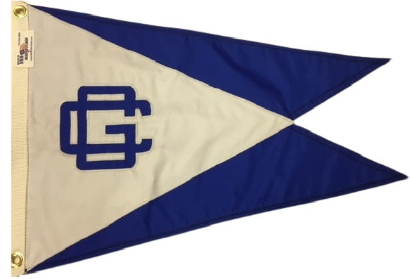 Custom SEWN Applique BURGEE featuring a blue and white triangle flag with strong header and brass grommets, showcasing intricate hand-sewn details.