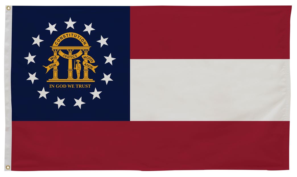 Georgia State Flag 5' x 8' Printed Nylon, featuring a white stripe, blue circle with a white star, strong canvas header, brass grommets, UV-resistant nylon.