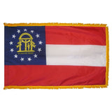 Georgia State Flag 4' x 6' INDOOR Printed Nylon with yellow fringe, featuring St. Andrew's crimson cross on a white background.