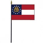 Georgia Stick Flag - 4 x 6 Desktop Flag featuring polyester material, mounted on a 10.5 plastic stick with a gold spear finial; base sold separately.