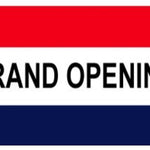 GRAND OPENING Flag 3' x 5' Nylon Printed, featuring bold black text on a red, white, and blue background, with header and brass grommets for easy display.