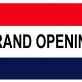 GRAND OPENING Flag 3' x 5' Nylon Printed, featuring bold black text on a red, white, and blue background, with header and brass grommets for easy display.