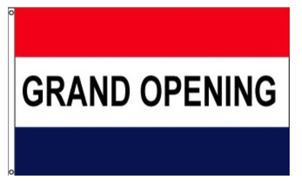 GRAND OPENING Flag 3' x 5' Nylon Printed, featuring bold black text on a red, white, and blue background, with header and brass grommets for easy display.