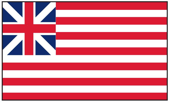 Grand Union Historic American Flag Printed Nylon 3' x 5'; features 13 stripes and British Union Flag in the canton, with canvas header and brass grommets.