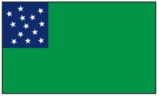 Green Mountain Boys Historic American Flag 3' x 5' Printed Nylon, featuring white stars on a green background, designed with strong canvas header and solid brass grommets.