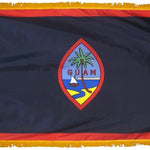 Guam Flag 4' x 6' INDOOR Printed Nylon with a yellow fringe, featuring a tropical island emblem with a palm tree and sailboat.