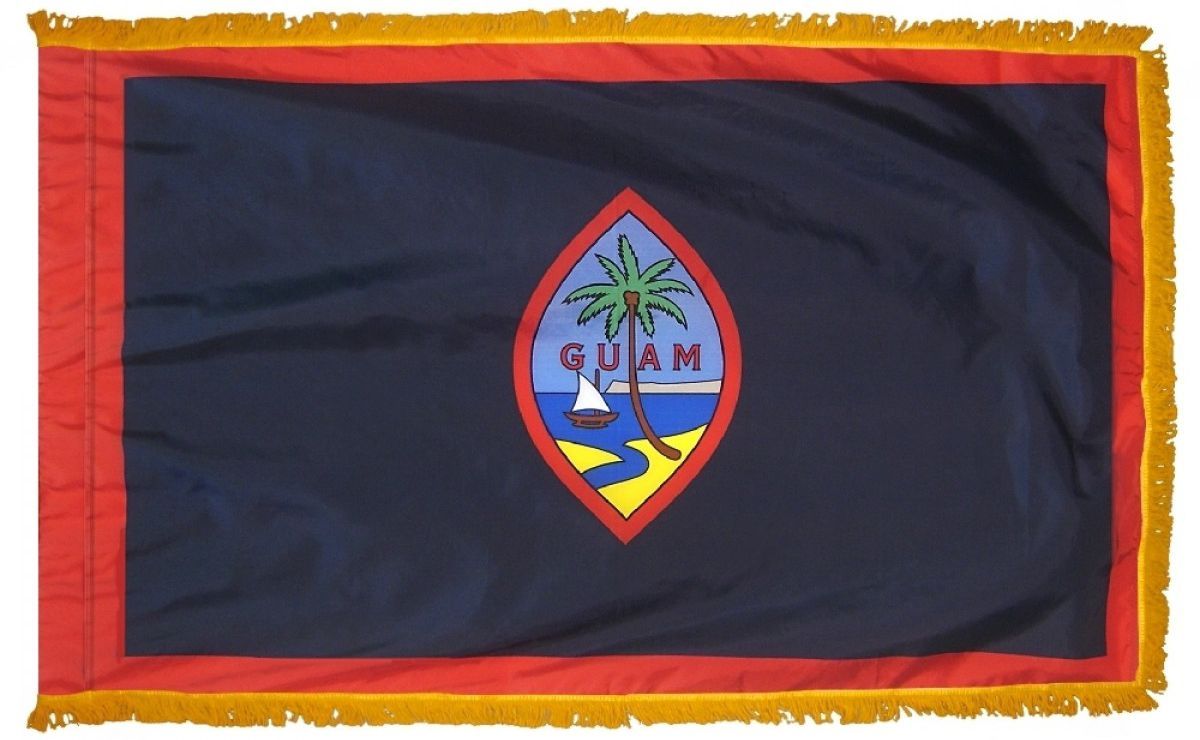 Guam Flag 4' x 6' INDOOR Printed Nylon with a yellow fringe, featuring a tropical island emblem with a palm tree and sailboat.