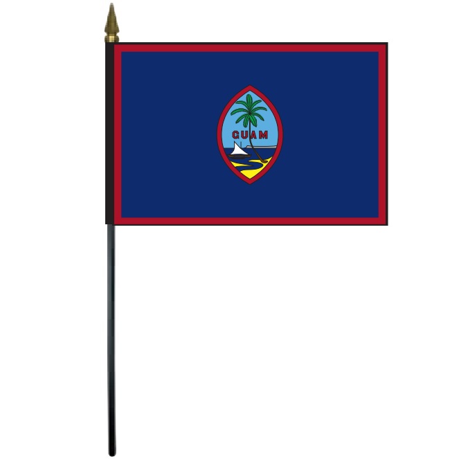 Guam Stick Flag 4 x 6 with a red circle and palm tree, mounted on a 10.5 plastic stick with gold spear finial.