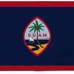 Guam Flag 5' x 8' Printed Nylon featuring a red border, tropical island logo, and sturdy canvas header with brass grommets for outdoor use.