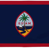 Guam Flag 5' x 8' Printed Nylon featuring a red border, tropical island logo, and sturdy canvas header with brass grommets for outdoor use.