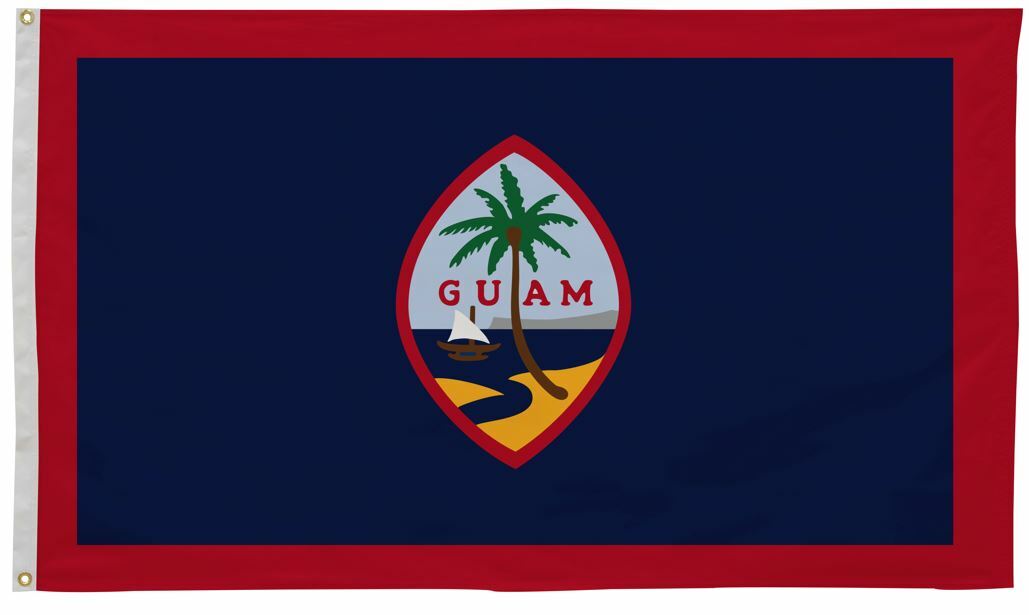 Guam Flag 5' x 8' Printed Nylon featuring a red border, tropical island logo, and sturdy canvas header with brass grommets for outdoor use.