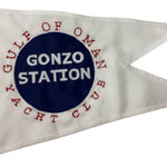 Custom SEWN Applique BURGEE featuring a white flag with a blue circle and red text, showcasing high-quality, hand-sewn nylon fabric.