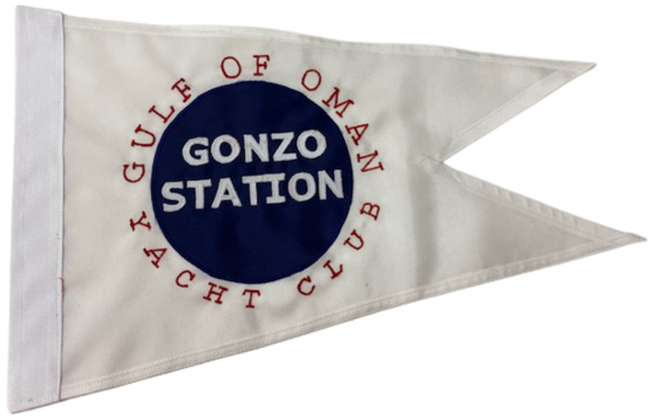 Custom SEWN Applique BURGEE featuring a white flag with a blue circle and red text, showcasing high-quality, hand-sewn nylon fabric.