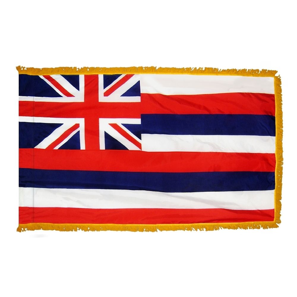 Hawaii State Flag 3' x 5' INDOOR Printed Nylon with flannel-lined pole sleeve, Velcro tabs, and golden yellow rayon fringe, featuring a crimson cross of St. Andrew.