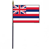 Hawaii Stick Flag - 4 x 6 Desktop Flag mounted on a 10.5 plastic stick with gold spear finial, made from polyester with sewn edges.