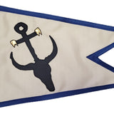 Custom SEWN Applique BURGEE featuring a white triangle flag with a black anchor and skull design, crafted from durable 200 denier nylon with brass grommets.