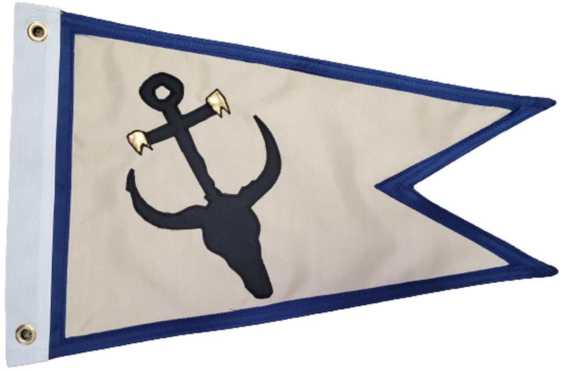 Custom SEWN Applique BURGEE featuring a white triangle flag with a black anchor and skull design, crafted from durable 200 denier nylon with brass grommets.