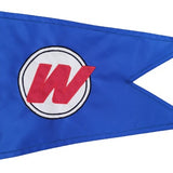 Custom SEWN Personalized Flag featuring a blue background with a red W in a white circle, showcasing high-quality, USA-made craftsmanship.