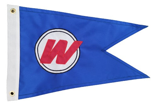 Custom SEWN Personalized Flag featuring a blue background with a red W in a white circle, showcasing high-quality, USA-made craftsmanship.