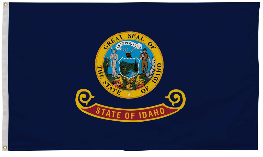 Idaho State Flag 3' x 5' Printed Nylon with the state seal, featuring a deer, strong canvas header, brass grommets, and UV-resistant material for outdoor use.