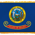 Idaho State Flag 4' x 6' INDOOR Printed Nylon features a blue field with a central yellow seal and a golden yellow fringe.