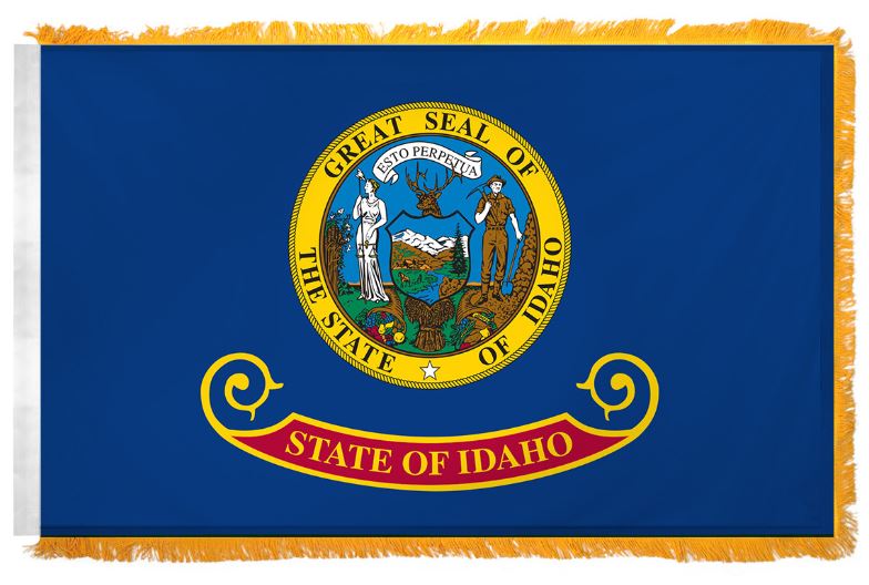 Idaho State Flag 4' x 6' INDOOR Printed Nylon features a blue field with a central yellow seal and a golden yellow fringe.