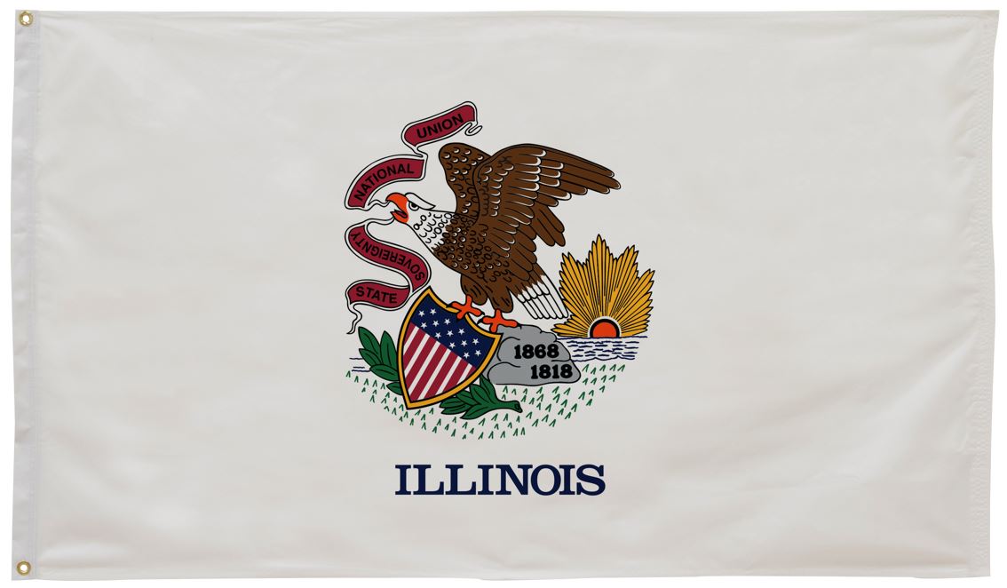 Illinois State Flag 12 x 18 Printed Nylon featuring a bald eagle with a shield, suitable for outdoor use, with brass grommets and UV-resistant material.