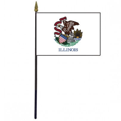 Illinois Stick Flag - 4 x 6 Desktop Flag with eagle and shield design, mounted on a 10.5 plastic stick with gold spear finial.