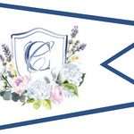 Digitally Printed Wedding Flag featuring a watercolor letter E adorned with flowers, made of durable nylon with brass grommets for easy display.