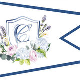 Digitally Printed Wedding Flag featuring a watercolor letter E adorned with flowers, made of durable nylon with brass grommets for easy display.