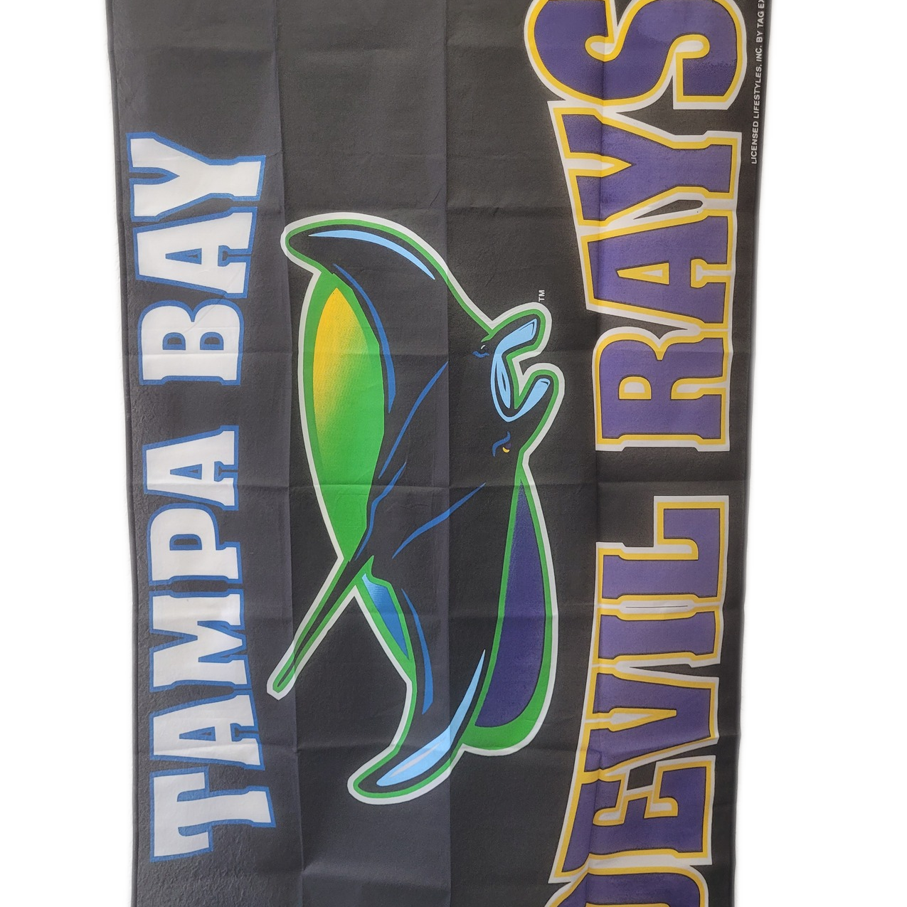 Tampa Bay Devil Rays Vintage 3' x 5' Banner with Pole Sleeve featuring cartoon stingray design, new and unflown, perfect for fans and collectors.