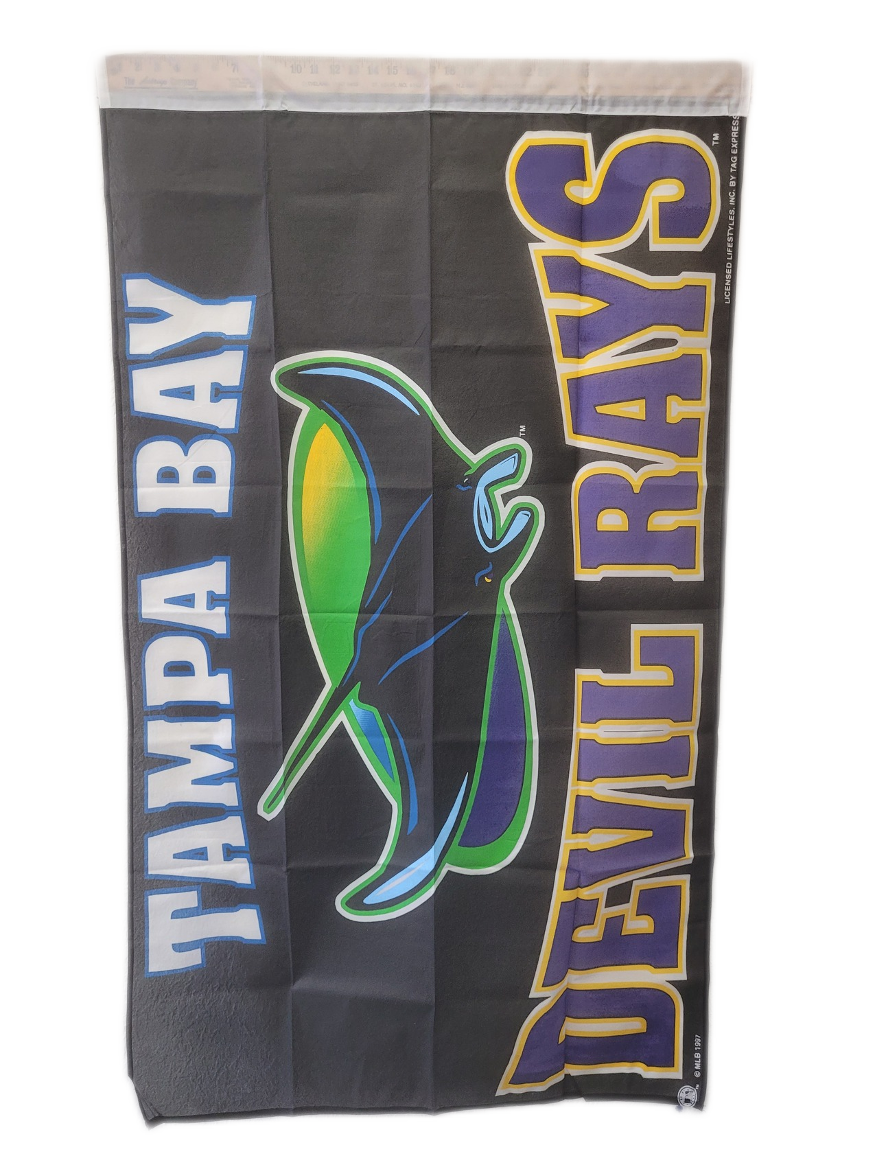 Tampa Bay Devil Rays Vintage 3' x 5' Banner with Pole Sleeve featuring cartoon stingray design, new and unflown, perfect for fans and collectors.