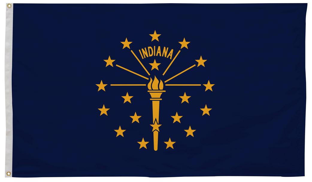 Indiana State Flag 12 x 18 printed on UV-resistant nylon, featuring a crimson St. Andrew's cross on white, with canvas header and brass grommets for outdoor use.