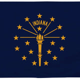 Indiana State Flag 12 x 18 printed on UV-resistant nylon, featuring a crimson St. Andrew's cross on white, with canvas header and brass grommets for outdoor use.