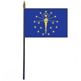 Indiana Stick Flag - 4 x 6 Desktop Flag showing a blue backdrop with gold stars and a torch, mounted on a plastic stick with a gold spear finial.