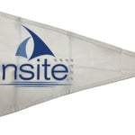 Custom PRINTED Nylon PENNANT, single sided, with blue text on a white background, featuring canvas header and brass grommets for indoor or outdoor use.