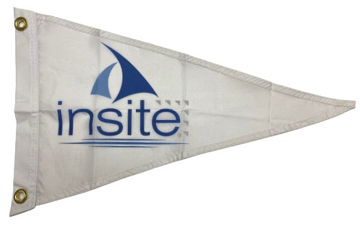 Custom PRINTED Nylon PENNANT, single sided, with blue text on a white background, featuring canvas header and brass grommets for indoor or outdoor use.