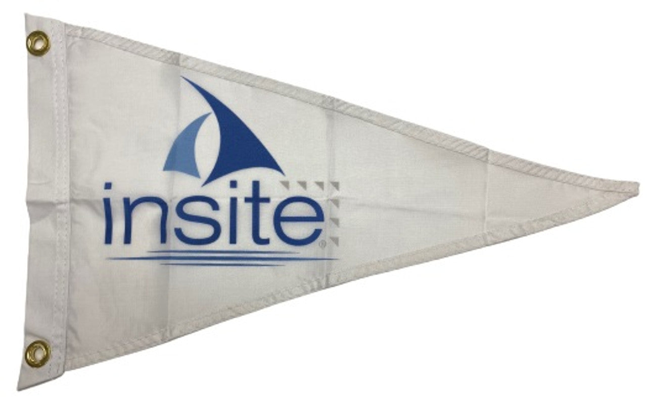 Custom PRINTED NYLON Personalized Flag, white pennant with blue text, ideal for businesses, fraternities, or boats, made in the USA.