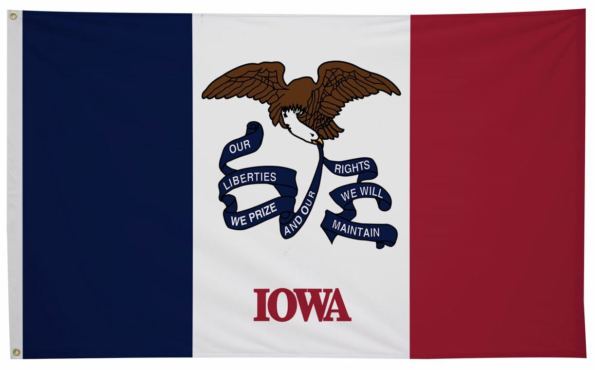 Iowa State Flag 6' x 10' Printed Nylon featuring an eagle with blue ribbon on a red, white, and blue striped background, suitable for outdoor use.