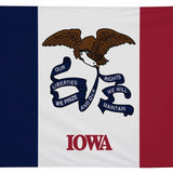 Iowa State Flag 6' x 10' Printed Nylon featuring an eagle with blue ribbon on a red, white, and blue striped background, suitable for outdoor use.