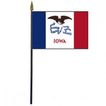 Iowa Stick Flag on a 10.5 plastic pole with a gold spear finial, featuring a printed eagle and text on polyester fabric.