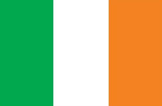 Ireland Flag Printed Nylon 3' x 5' with green, white, and orange stripes, featuring strong canvas header, two brass grommets, and UV resistant nylon for indoor/outdoor use.