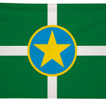 City of Jacksonville Flag Printed Nylon 3' x 5', featuring a yellow star in a blue circle on green background, durable for indoor/outdoor use with canvas header and brass grommets.