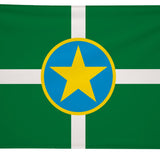 City of Jacksonville Flag Printed Nylon 3' x 5', featuring a yellow star in a blue circle on green background, durable for indoor/outdoor use with canvas header and brass grommets.