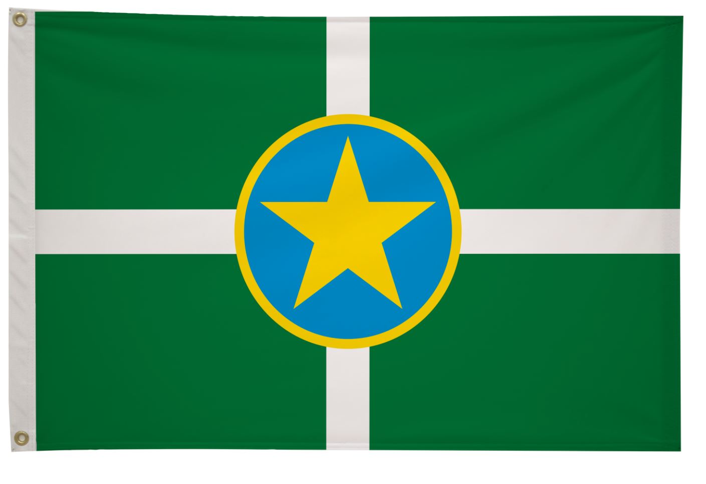 City of Jacksonville Flag Printed Nylon 3' x 5', featuring a yellow star in a blue circle on green background, durable for indoor/outdoor use with canvas header and brass grommets.