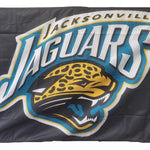 Jacksonville Jaguars 3' x 5' Polyester Flag featuring the team logo with a leopard head, header, and attached D-rings. Officially licensed and brand new.