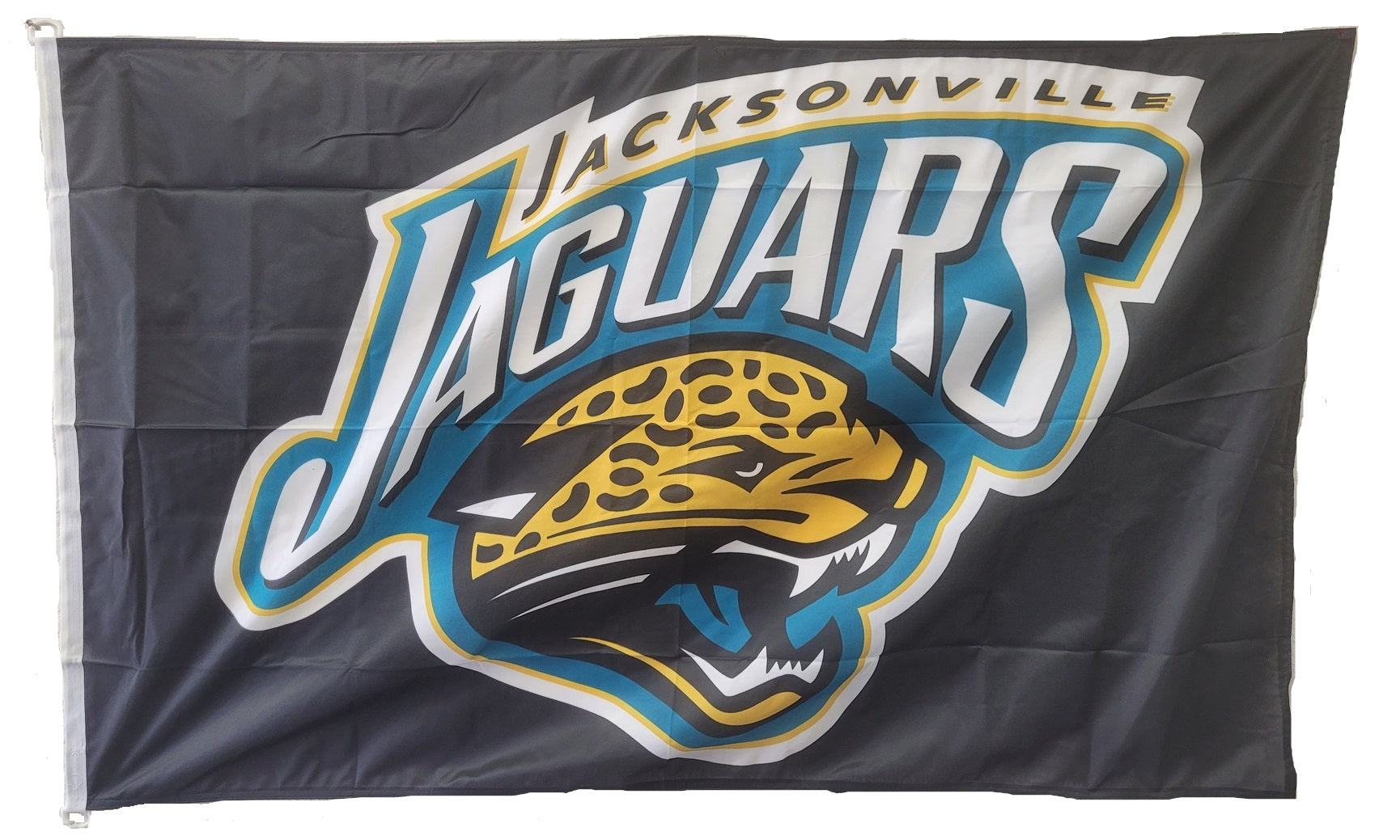 Jacksonville Jaguars 3' x 5' Polyester Flag featuring the team logo with a leopard head, header, and attached D-rings. Officially licensed and brand new.